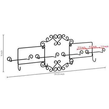 MyGift Vintage Scrollwork Black Metal Wire Tea Coffee Cup and Saucer Set Rack, Wall Mounted Decorative Display Shelf Holds Up to 4 Collectible Plates & Mugs