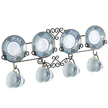 MyGift Vintage Scrollwork Black Metal Wire Tea Coffee Cup and Saucer Set Rack, Wall Mounted Decorative Display Shelf Holds Up to 4 Collectible Plates & Mugs