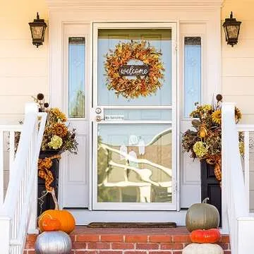 Sggvecsy Artificial Fall Wreath 18’’ Autumn Front Door Wreath Harvest Wreath with Fall Leaves Sm...