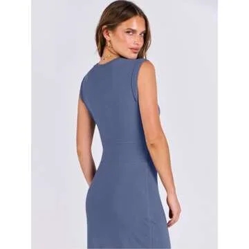 ANRABESS Womens Summer Sleeveless Midi Dress Crew Neck Slim fit Button Slit 2025 Trendy Bodycon Casual Work Sun Dresses Blue Small