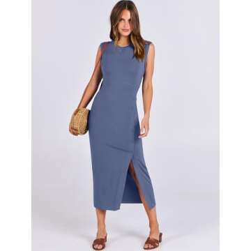 ANRABESS Womens Summer Sleeveless Midi Dress Crew Neck Slim fit Button Slit 2025 Trendy Bodycon Casual Work Sun Dresses Blue Small