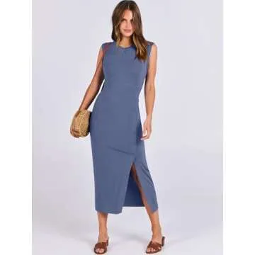 ANRABESS Womens Summer Sleeveless Midi Dress Crew Neck Slim fit Button Slit 2025 Trendy Bodycon Casual Work Sun Dresses Blue Small