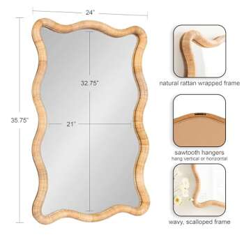 Kate and Laurel Rahfy Boho Scalloped Rectangle Rattan Wall Mirror - 24 x 36, Natural Wood