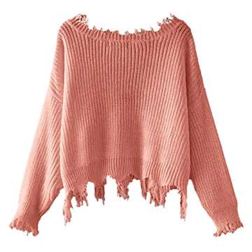 ZAFUL Women's Loose Long Sleeve V-Neck Ripped Pullover Knit Sweater Crop Top (1-Orange Pink)