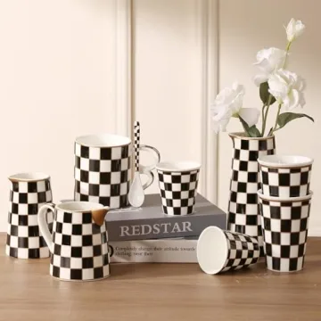 Porlien Checker Porcelain Mug Set for Coffee and Tea
