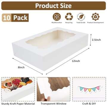 Moretoes 10pcs Cookie Boxes with Window, 12x8x2.5in White Bakery Boxes, Treat Boxes For Desserts, Pastries, Pies, Cakes, Muffins, Donut, Chocolate, Strawberry