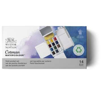 Winsor & Newton Cotman Watercolor Paint Set, Field Pocket Set, 12 Half Pan w/ Brush, Sponge, Bottle
