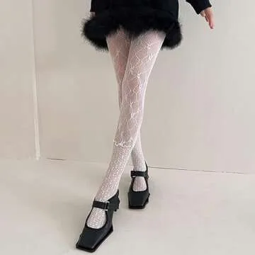 Sahabowi Splicing Lace Fish Net Pantyhose For Women, Control Top Stockings, Super Elasticity&Thin Tights (HLW2022100416, Splicing Lace White, 1ps)