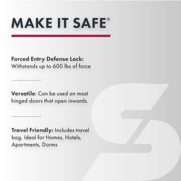 SABRE Portable Door Lock with Travel Bag, Durable Travel Friendly Door Lock for Hinged Doors, Lightw...