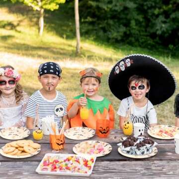Cheerland Halloween Party Pastel Paper Plates Fabric Napkins And Cake Toppers Cute Pumpkin Ghost Black Cat Bat for Theme Birthday Halloween Party Decorations Supplies