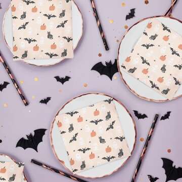 Cheerland Halloween Party Pastel Paper Plates Fabric Napkins And Cake Toppers Cute Pumpkin Ghost Black Cat Bat for Theme Birthday Halloween Party Decorations Supplies