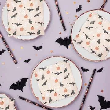 Cheerland Halloween Party Pastel Paper Plates Fabric Napkins And Cake Toppers Cute Pumpkin Ghost Black Cat Bat for Theme Birthday Halloween Party Decorations Supplies