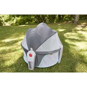 Fisher-Price Portable Bassinet On-The-Go Baby Dome, Travel Play Space with Developmental Newborn Toys & Canopy, Grey Bubbles