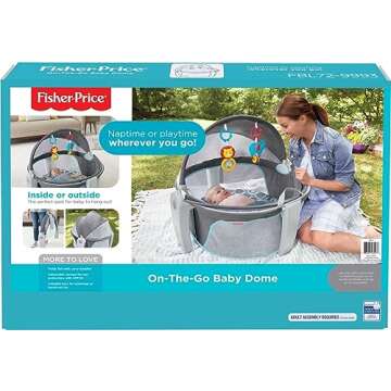 Fisher-Price Portable Bassinet On-The-Go Baby Dome, Travel Play Space with Developmental Newborn Toys & Canopy, Grey Bubbles