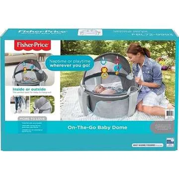 Fisher-Price Portable Bassinet On-The-Go Baby Dome, Travel Play Space with Developmental Newborn Toys & Canopy, Grey Bubbles