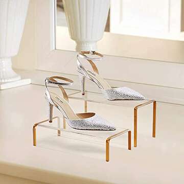 SHUNKAIZS Two-Piece Clear Acrylic heightened Display Stand, Shoe and Handbag Stand, Window Display Stand, Gold Rim Cupcake Stand, Perfume Cosmetic Display Stand