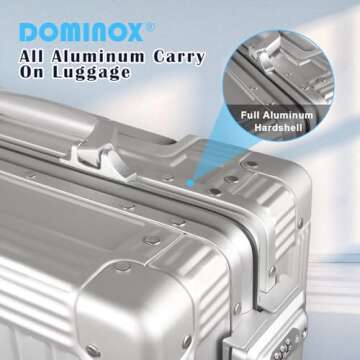 DOMINOX All Aluminum Carry On Luggage Hard Shell Luggage Aluminum Suitcase for Travel Zipperless Luggage Checked Luggage with Silent 360° Spinner Wheels 20 In. (Vertical Grain Style, Sliver)
