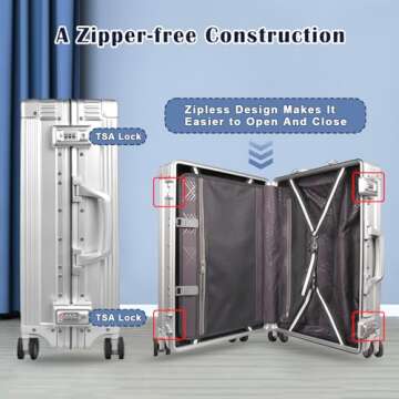 DOMINOX All Aluminum Carry On Luggage Hard Shell Luggage Aluminum Suitcase for Travel Zipperless Luggage Checked Luggage with Silent 360° Spinner Wheels 20 In. (Vertical Grain Style, Sliver)