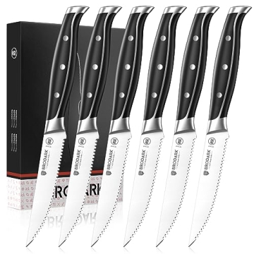 BRODARK Steak Knives Set of 6 - Elegant Serrated Stainless Steel Knives - NSF Certified