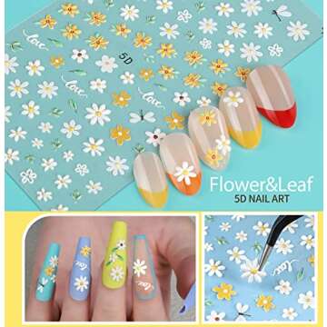 Teenitor 12 Sheets Nail Art Sticker Self-Adhesive 5D Flower Designs with Glitter Sequins
