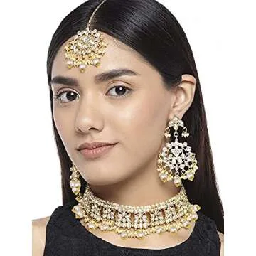 Aheli Elegant Indian Faux Kundan Studded Choker Necklace with Maang Tikka Earrings Set Ethnic Wedding Festive Wear Fashion Jewelry Gift for Women