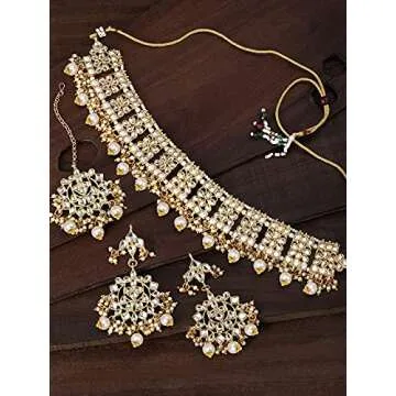 Aheli Elegant Indian Faux Kundan Studded Choker Necklace with Maang Tikka Earrings Set Ethnic Wedding Festive Wear Fashion Jewelry Gift for Women