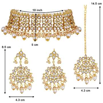 Aheli Elegant Indian Faux Kundan Studded Choker Necklace with Maang Tikka Earrings Set Ethnic Wedding Festive Wear Fashion Jewelry Gift for Women