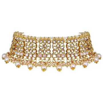 Aheli Elegant Indian Faux Kundan Studded Choker Necklace with Maang Tikka Earrings Set Ethnic Wedding Festive Wear Fashion Jewelry Gift for Women