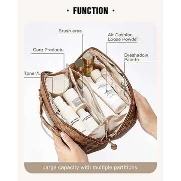 EACHY Travel Makeup Bag, Large Capacity Cosmetic Bags for Women, Waterproof Portable Open Flat Toiletry Bag Make up Bag with Divider and Handle, Christmas Gifts (Plaid-Brown, Medium)