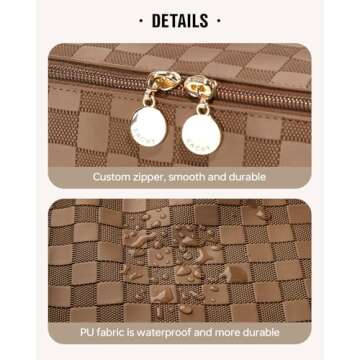 EACHY Travel Makeup Bag, Large Capacity Cosmetic Bags for Women, Waterproof Portable Open Flat Toiletry Bag Make up Bag with Divider and Handle, Christmas Gifts (Plaid-Brown, Medium)