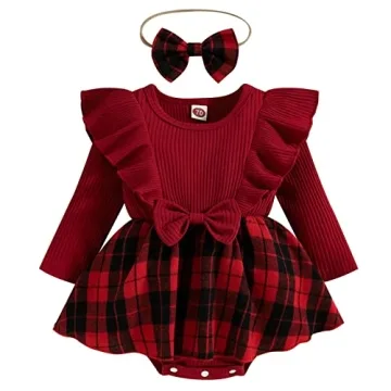 Mubineo Infant Baby Girl Christmas Plaid Overall Dress Outfits Fall Winter Ruffle Romper Headband Se...