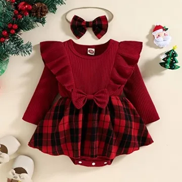 Mubineo Baby Girl Christmas Outfit - Plaid Dress & Headband