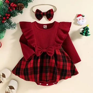 Mubineo Baby Girl Christmas Outfit - Plaid Dress & Headband