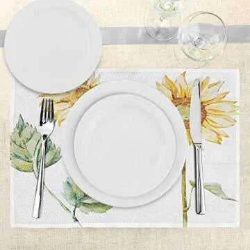 Ambesonne Watercolor Place Mats Set of 4, Alluring Sunflowers Summer Inspired Design Agriculture, Washable Fabric Placemats for Dining Room Kitchen Table Decor, Earth Yellow Pale Yellow Green