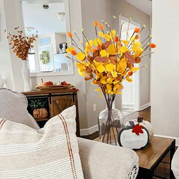 Uieke 8 Pcs Artificial Fall Eucalyptus Leaves Stems, 26.7" Fall Stems with Orange Berries Autumn Leaves Plants for Home Office Table Centerpiece Flower Arrangements Party Thanksgiving Fall Decorations