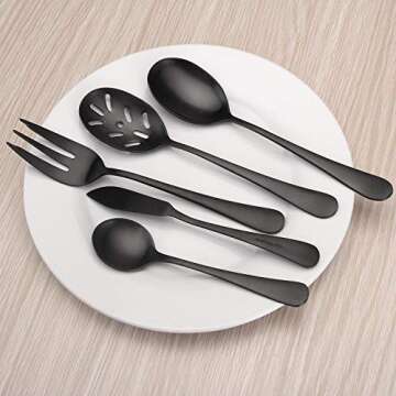 Matte Black Serving Set，SHARECOOK 5-Piece 18/0 Stainless Steel Large Hostess Set with Round Edge, Satin Finished, Dishwasher Safe -Spoons, Forks,Butter Knife& Slotted Spoon