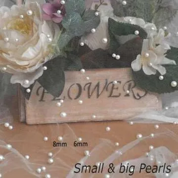 TIMECOSY White Table Runner Wedding Veil Beaded Pearl Lace Fabrics Table Decorations Soft Tulle Tablecloth with Big and Small Pearls 120" Length