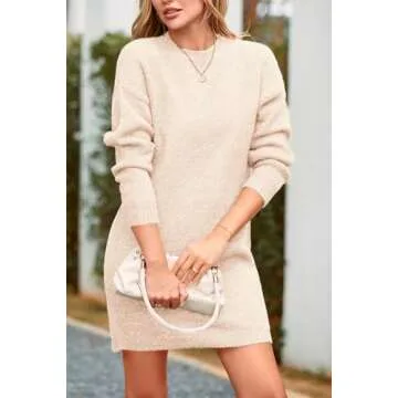 PRETTYGARDEN Women's 2025 Fall Knit Pullover Sweaters Long Sleeve Crewneck Oversized Loose Short Sweater Dress (Beige,Large)