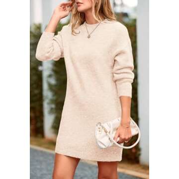PRETTYGARDEN Women's 2025 Fall Knit Pullover Sweaters Long Sleeve Crewneck Oversized Loose Short Sweater Dress (Beige,Large)