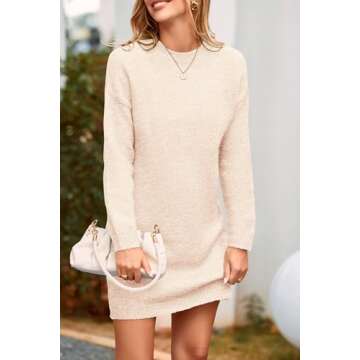 PRETTYGARDEN Women's 2025 Fall Knit Pullover Sweaters Long Sleeve Crewneck Oversized Loose Short Sweater Dress (Beige,Large)