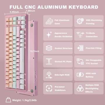YUNZII AL71 68% Mechanical Keyboard,Full Aluminum CNC,Hot Swappable Gasket,2.4GHz Wireless BT5.0/USB...