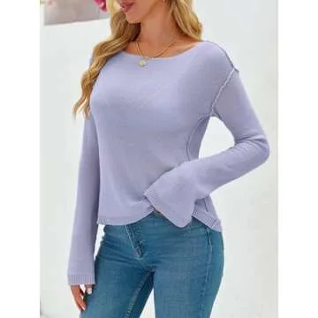 Imily Bela Womens Boat Neck Shirts Long Sleeve Lightweight Knit Pullover Sweaters Casual Sheer Blouse Tops Purple