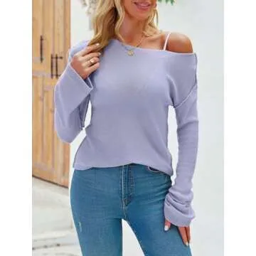 Imily Bela Womens Boat Neck Shirts Long Sleeve Lightweight Knit Pullover Sweaters Casual Sheer Blouse Tops Purple