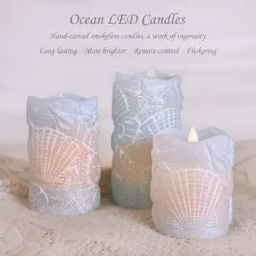 Silverstro Ocean Flameless Candles Remote Carved Seashell Real Wax Flicker Battery Operated Candles ...