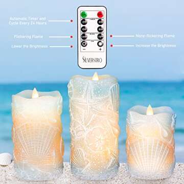Silverstro Ocean Flameless Candles Remote Carved Seashell Real Wax Flicker Battery Operated Candles for Home Party Wedding Nautical Thanksgiving Christmas Decor - Set of 3(Blue)