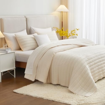 HiSnug Cream King Size Quilt Bedding Set, Reversible Lightweight Bed Spreads Oversized King Quilted ...