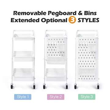 KINGRACK 3-Tier Rolling Cart, Metal Utility Cart with Pegboard, Utility Rolling Storage Carts with W...