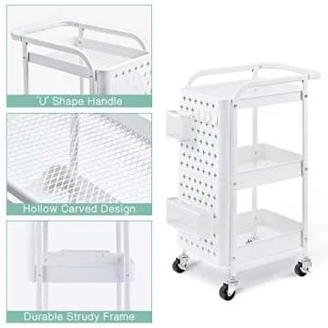 KINGRACK 3-Tier Rolling Cart, Metal Utility Cart with Pegboard, Utility Rolling Storage Carts with Wheels, Craft Storage Trolley with Handle for Kitchen Office Classroom, White