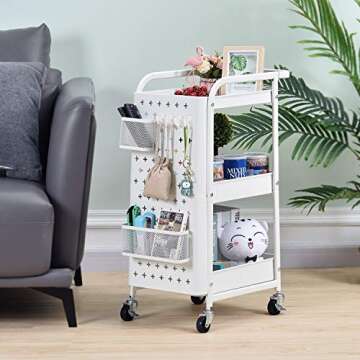 KINGRACK 3-Tier Rolling Cart, Metal Utility Cart with Pegboard, Utility Rolling Storage Carts with Wheels, Craft Storage Trolley with Handle for Kitchen Office Classroom, White