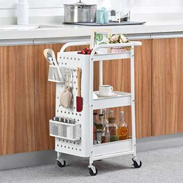 KINGRACK 3-Tier Rolling Cart, Metal Utility Cart with Pegboard, Utility Rolling Storage Carts with Wheels, Craft Storage Trolley with Handle for Kitchen Office Classroom, White